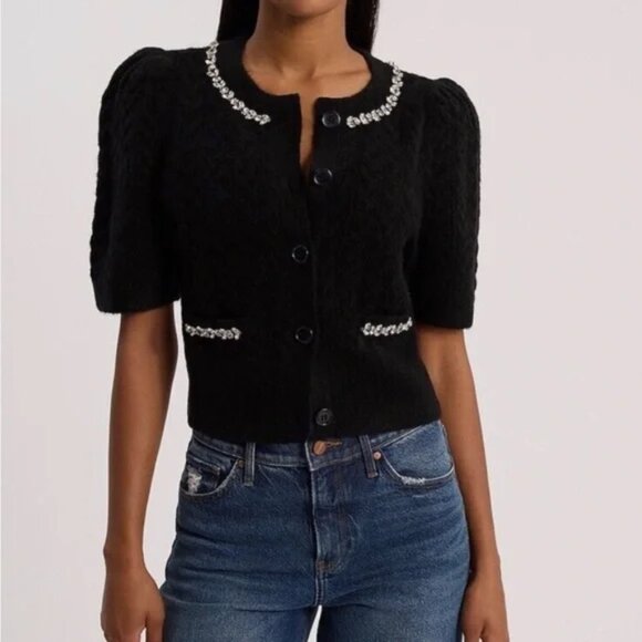 NEW Express Women Pitch Black Embellished Cable Knit Short Sleeve Crop Cardigan - Picture 3 of 5